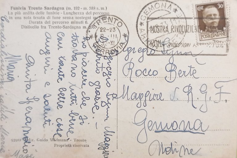 Cartolina - Funivia Trento Sardagna - 1933
