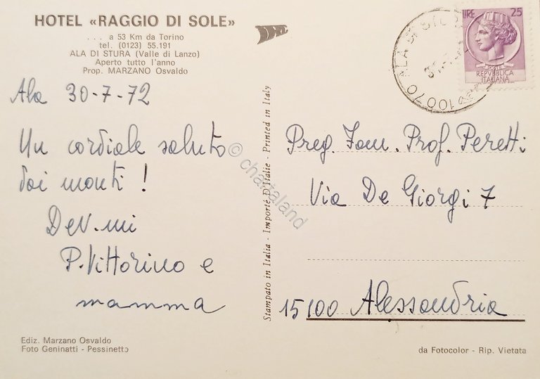 Cartolina - Hotel Raggio di Sole - Ala di Stura …