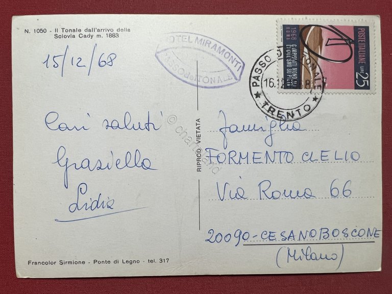 Cartolina - Il Tonale dall'Arrivo della Sciovia Cady - 1968