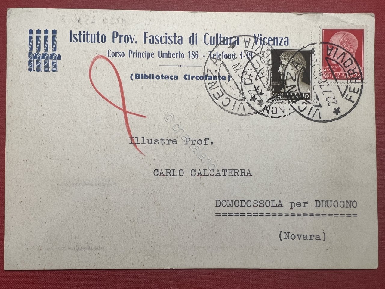 Cartolina - Istituto Prov. Fascista di Cultura - Vicenza - …