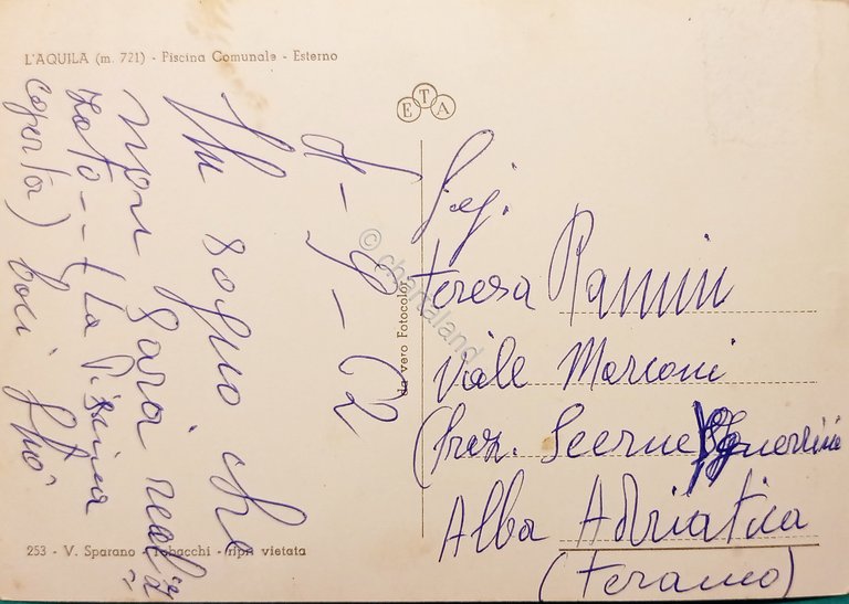 Cartolina - L'Aquila - Piscina Comunale - Esterno - 1962