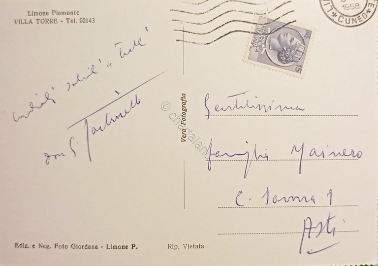 Cartolina - Limone Piemonte - Villa Torre - 1958