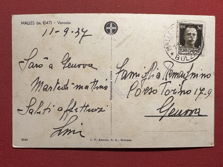 Cartolina - Malles Venosta ( Bolzano ) - 1937