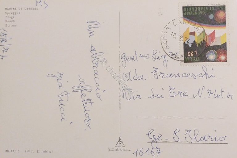 Cartolina - Marina di Carrara - Spiaggia - 1974