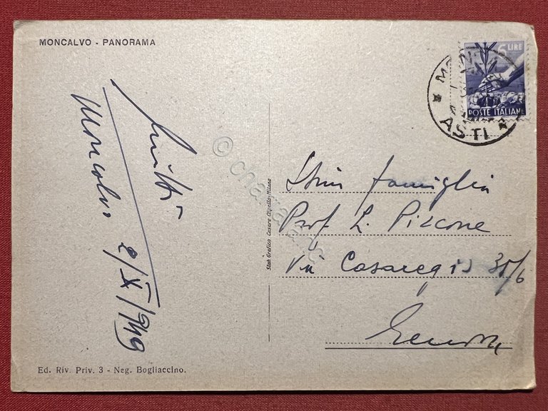 Cartolina - Moncalvo ( Asti ) - Panorama - 1949