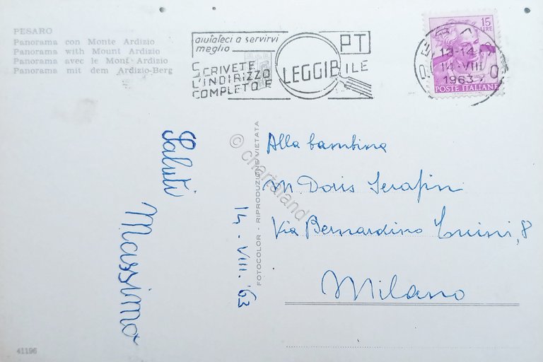Cartolina - Pesaro - Panorama con Monte Ardizio - 1963
