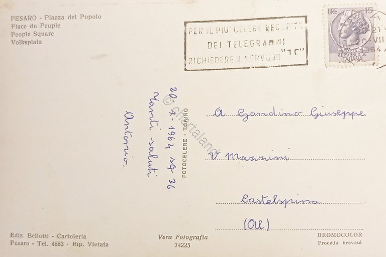 Cartolina - Pesaro - Piazza del Popolo - 1964