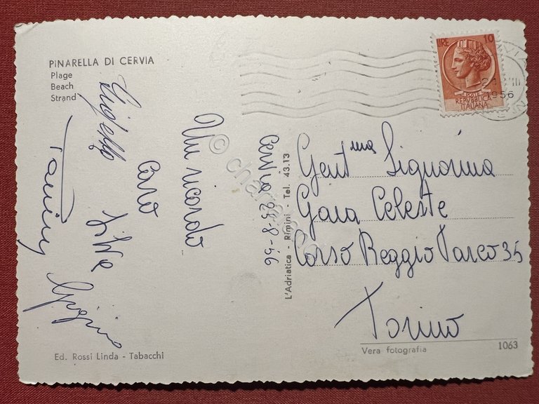 Cartolina - Pinarella di Cervia - Spiaggia - 1956