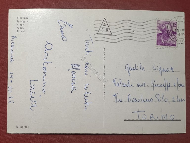 Cartolina - Riccione ( Rimini ) - Spiaggia - 1965