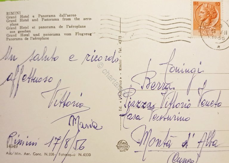 Cartolina - Rimini - Grand Hotel e Panorama dall'aereo 1956