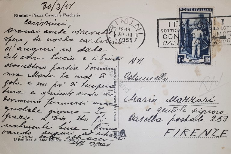 Cartolina - Rimini - Piazza Cavour e Pescheria - 1951