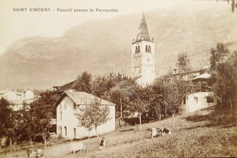 Cartolina - Saint Vincent (Valle d'Aosta) - Pascoli presso Parrocchia …