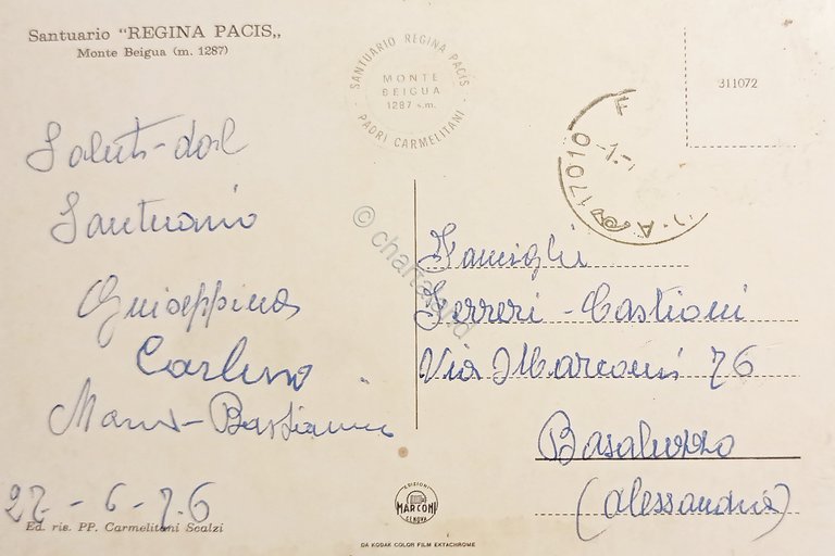 Cartolina - Santuario Regina Pacis - Monte Beigua - 1976