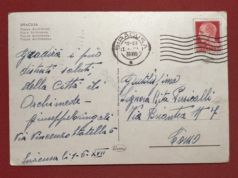 Cartolina - Siracusa - Piazza Archimede - 1939