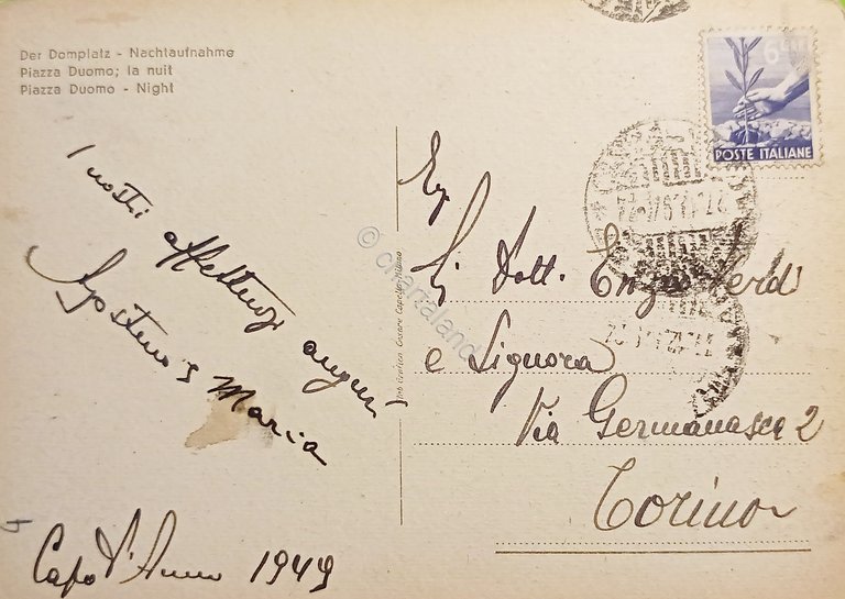 Cartolina - Siracusa - Piazza Duomo - Notturno - 1949