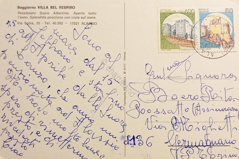 Cartolina - Soggiorno Villa Bel Respiro - Alassio - 1986