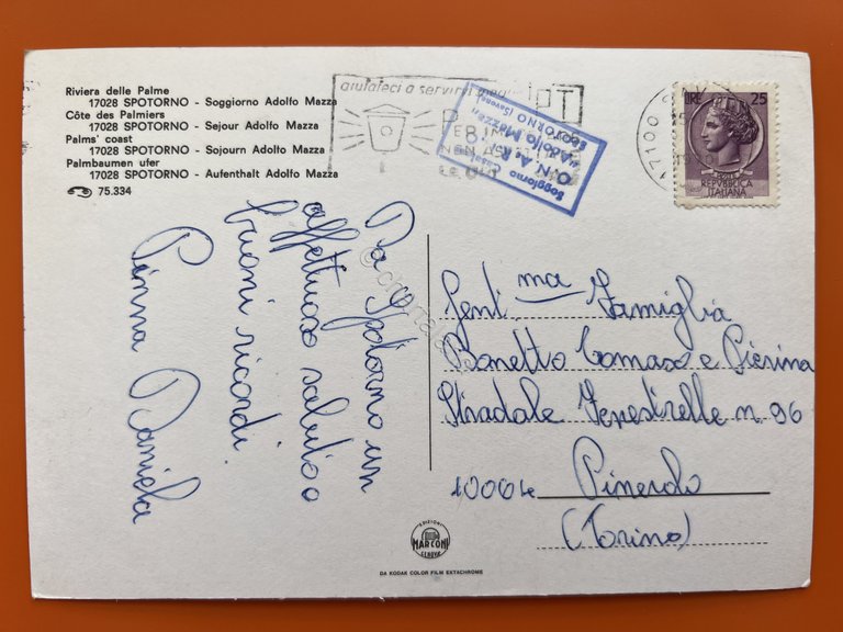 Cartolina - Spotorno (Savona) - Soggiorno Adolfo Mazza - 1970