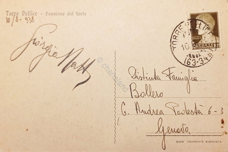 Cartolina - Torre Pellice - Pensione del Forte - 1938