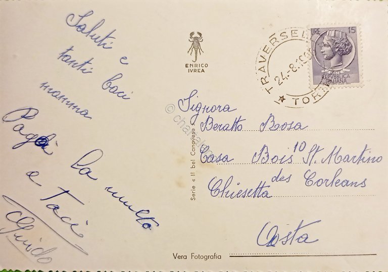 Cartolina - Traversella - Chiesa e Piazza - 1956