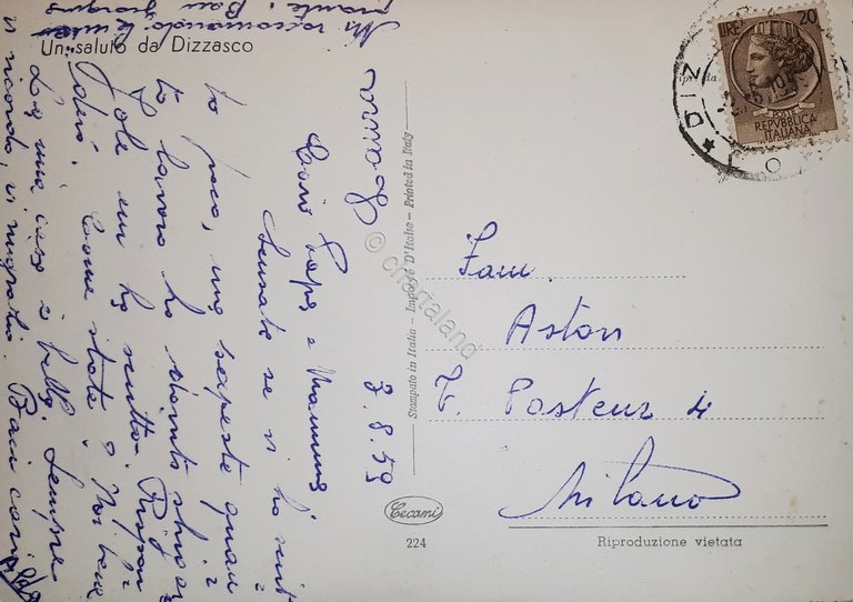 Cartolina - Un saluto da Dizzasco - 1959