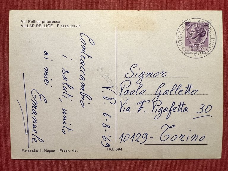 Cartolina - Val Pellice - Villar Pellice - Piazza Jervis …