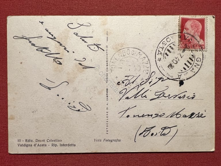 Cartolina - Valdigna d'Aosta - Piazza dell'Assunzione - 1940