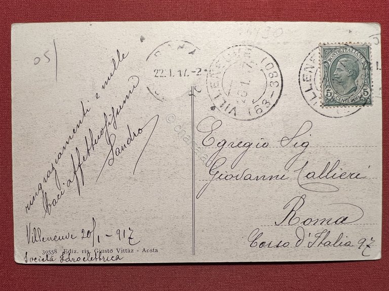 Cartolina - Valle d'Aosta - Villeneuve - 1917