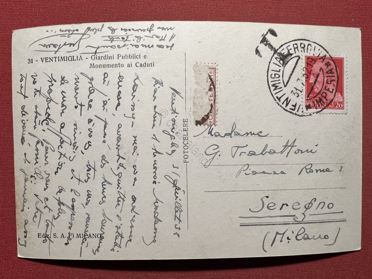 Cartolina - Ventimiglia - Giardini Pubblici e Monumento ai Caduti …