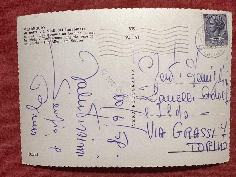 Cartolina - Viareggio di Notte - Viale Lungomare - 1958