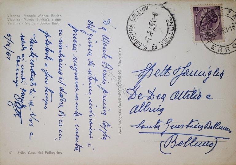 Cartolina - Vicenza - Salita Monte Berico - 1961