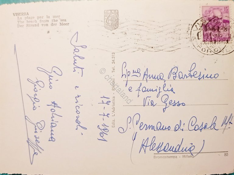 Cartolina - Viserba - Scogliera e spiaggia - 1961