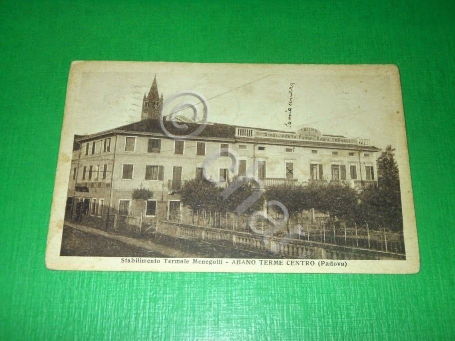 Cartolina Abano Terme Centro - Stabilimento Termale Menegolli 1928.