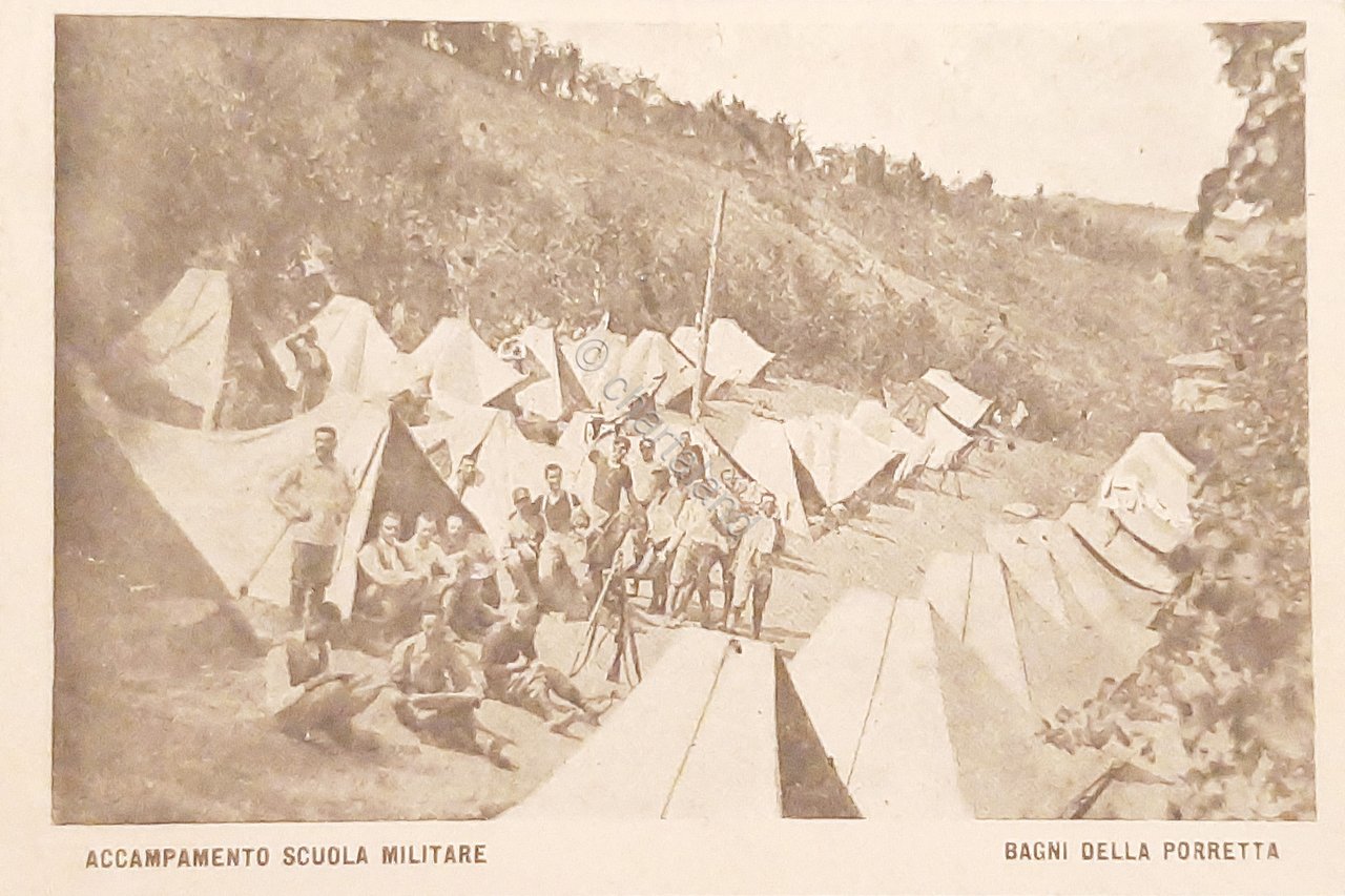 Cartolina Accampamento scuola Militare - Bagni della Porretta - 1915