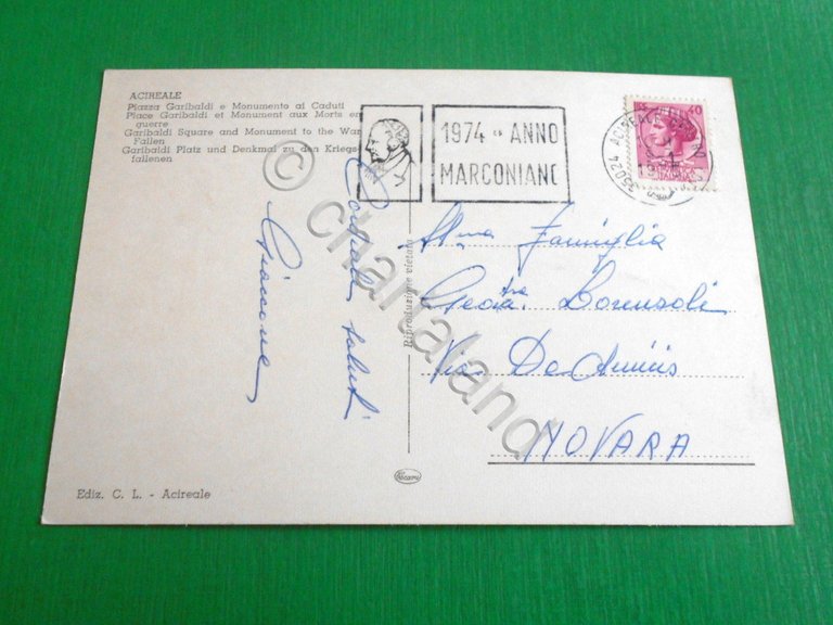 Cartolina Acireale - Piazza Garibaldi e Monumento ai Caduti 1974.