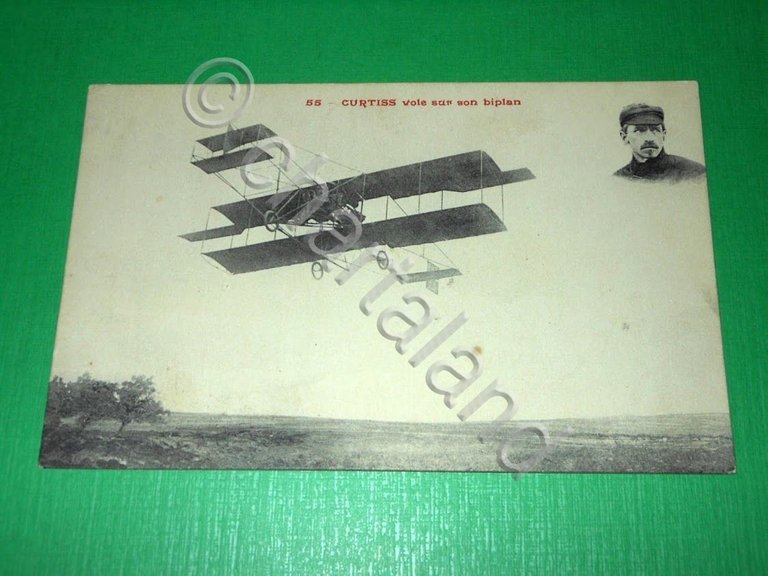 Cartolina Aeronautica Aviazione Volo - Curtiss vole sur son biplan …