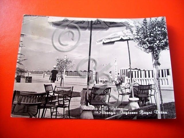 Cartolina Albenga - Ingresso Bagni Derna 1957.