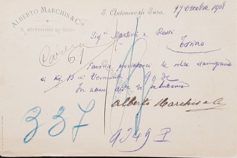 Cartolina Alberto Marchis - S. Antonino di Susa - 1908