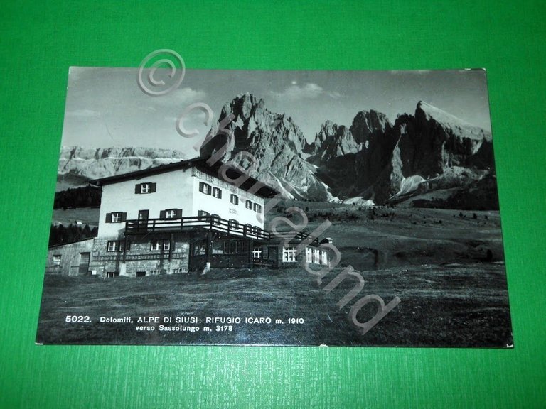 Cartolina Alpe di Siusi - Rifugio Icaro verso Sassolungo 1954.