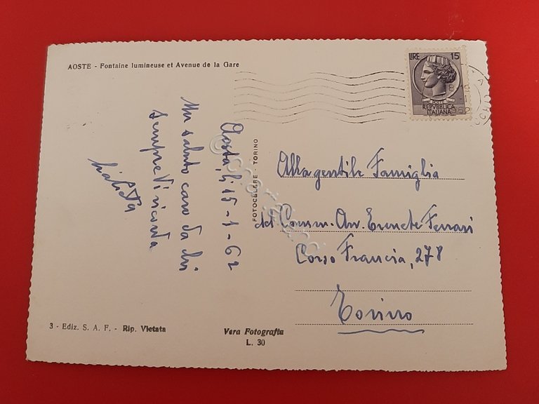 Cartolina Aosta - Fontana Luminosa e Viale Stazione - 1962