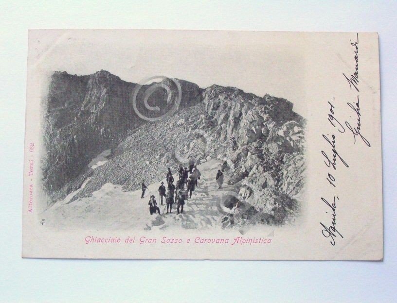 Cartolina Aquila - Gran Sasso e Carovana Alpinisti 1901.