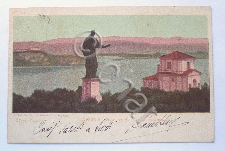 Cartolina Arona Lago Maggiore - Statua S. Borromeo 1902