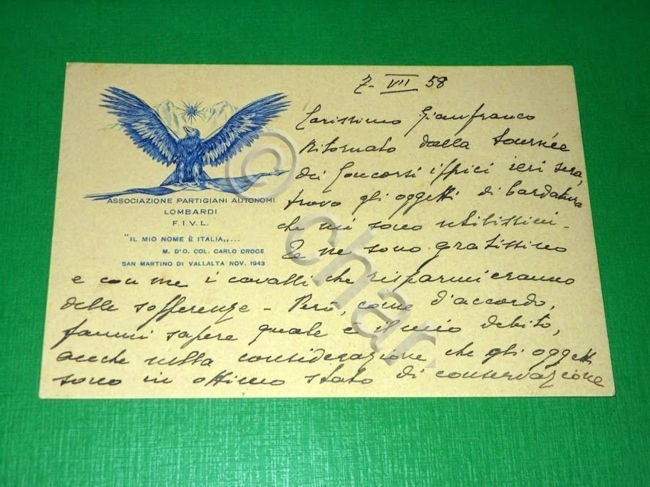 Cartolina Associazione Partigiani Autonomi Lombardi F.I.V.L. 1958.