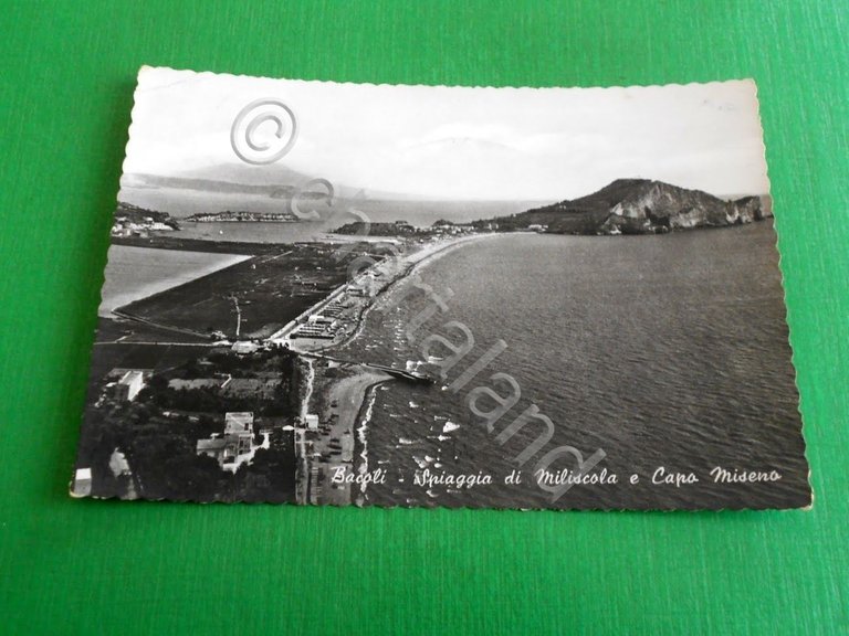 Cartolina Bacoli - Spiaggia di Miliscola e Capo Miseno 1957.