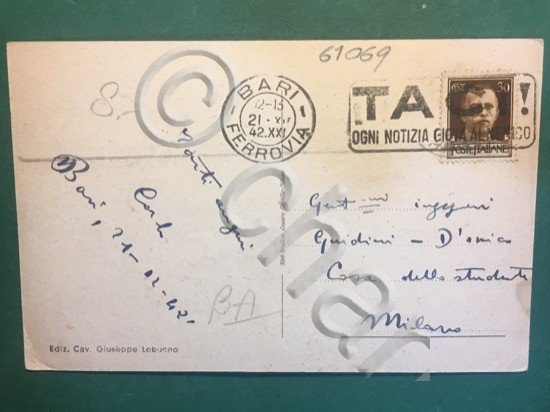 Cartolina Bari Via Cavour - Palazzo Banca D'Italia - 1942 …