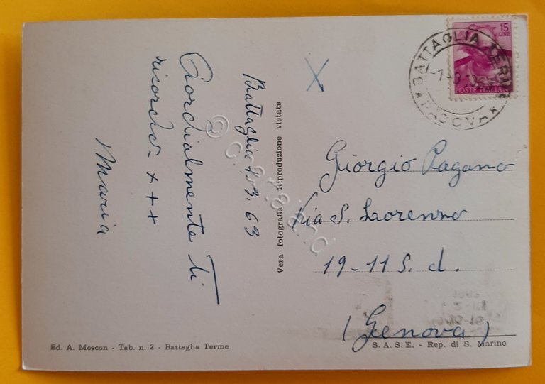 Cartolina Battaglia Terme - Castello Cataio - 1963