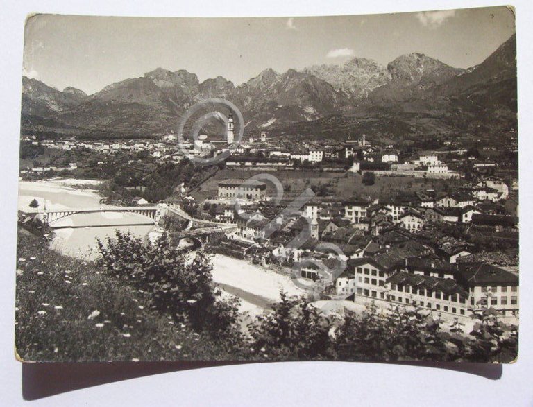 Cartolina Belluno col fiume Piave e prealpi 1956