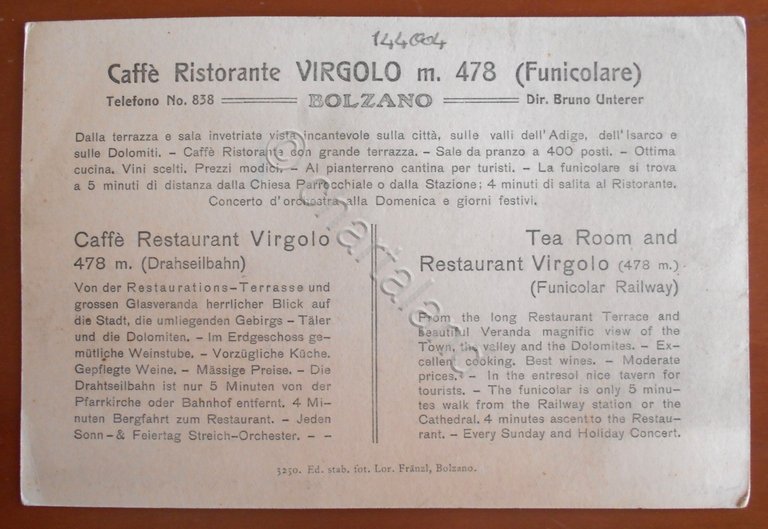 Cartolina Bolzano - Funicolare del Virgolo - Caffè Ristorante Virgolo …