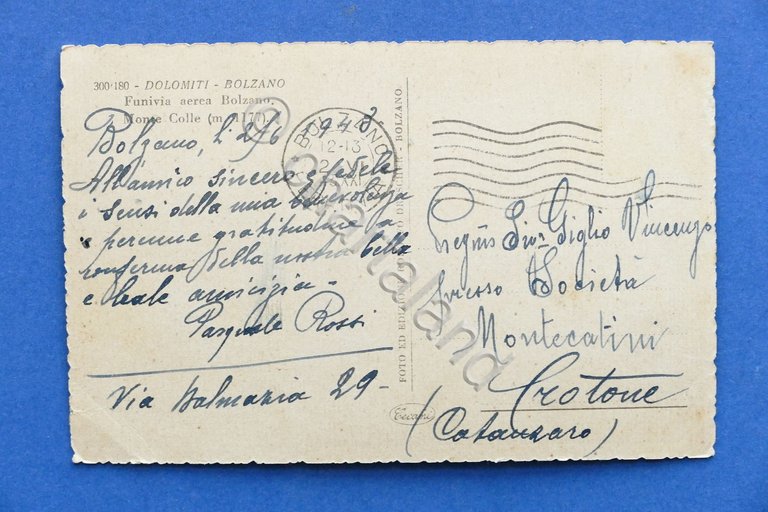 Cartolina Bolzano - Funivia aerea Monte Colle - 1943