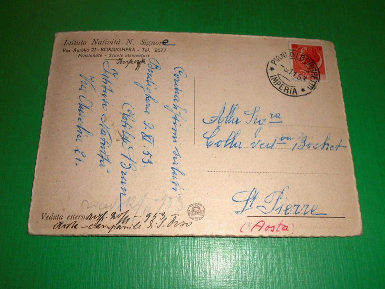 Cartolina Bordighera - Istituto Natività N. Signora 1953.