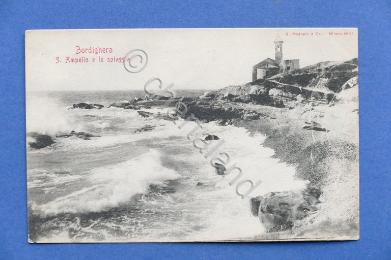 Cartolina Bordighera - S.Ampelio e la spiaggia - 1900 ca.